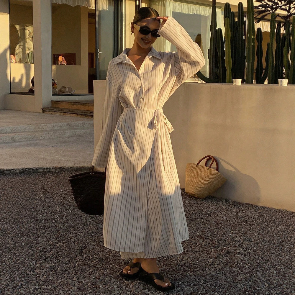 French striped shirt dress - slim fit, slit hem, tie waist, beach vacation style, two-piece look