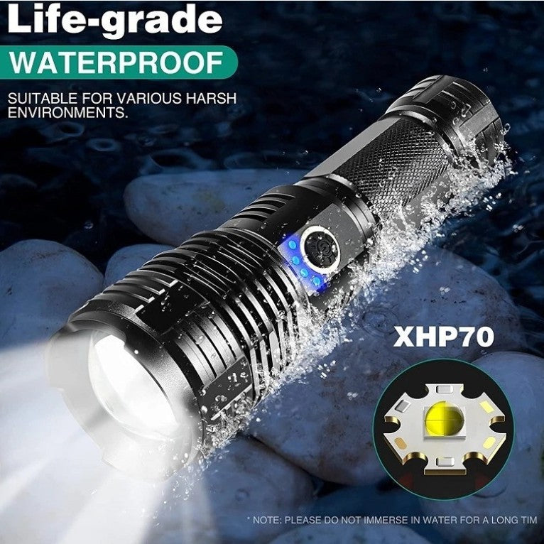 Cross-border XHP70.2 strong light flashlight USB charging screen display zoom long-range high-power super bright LED flashlight