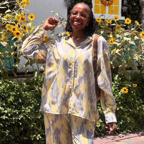 European and American fashion printing loose long-sleeved lapel cardigan shirt trousers women's suit African women's casual two-piece suit