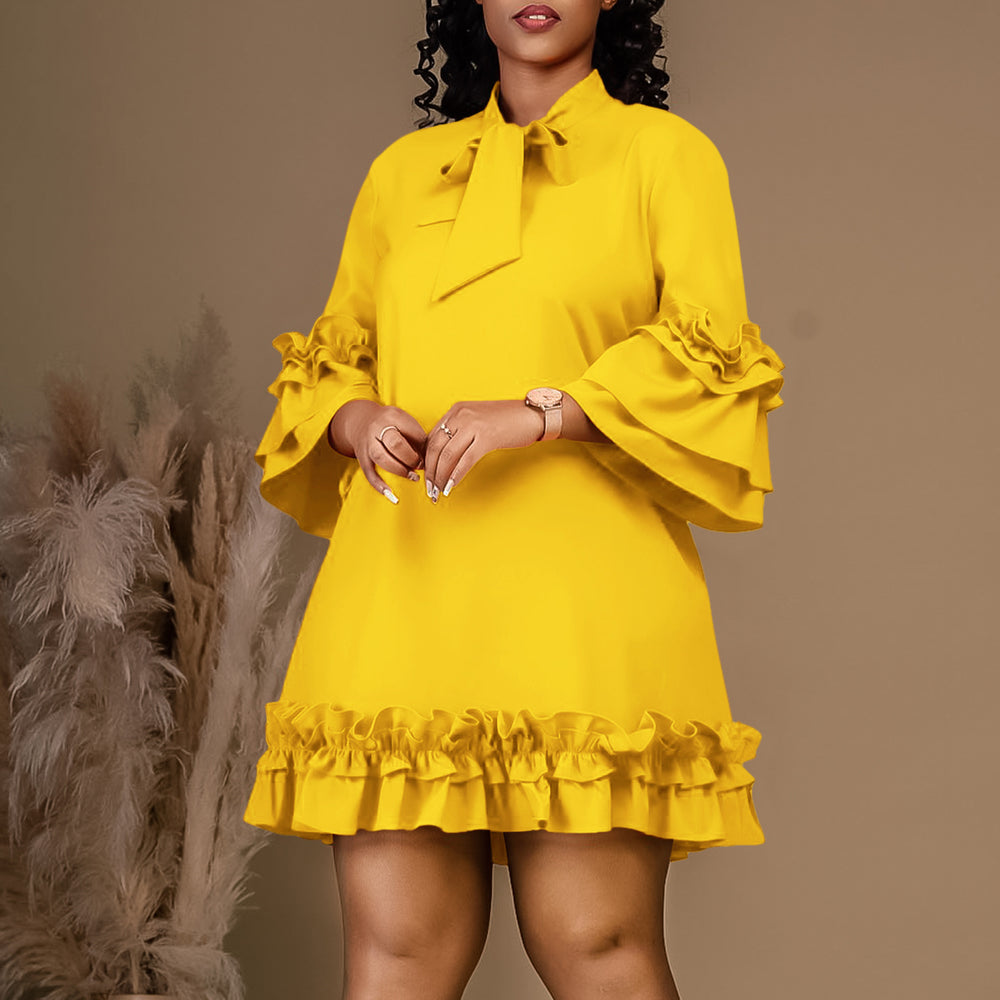 European and american plus size women's clothing  spring new arrivals: solid color, elegant, ruched sleeve, tie-waist, ruffle hem dress - export quality