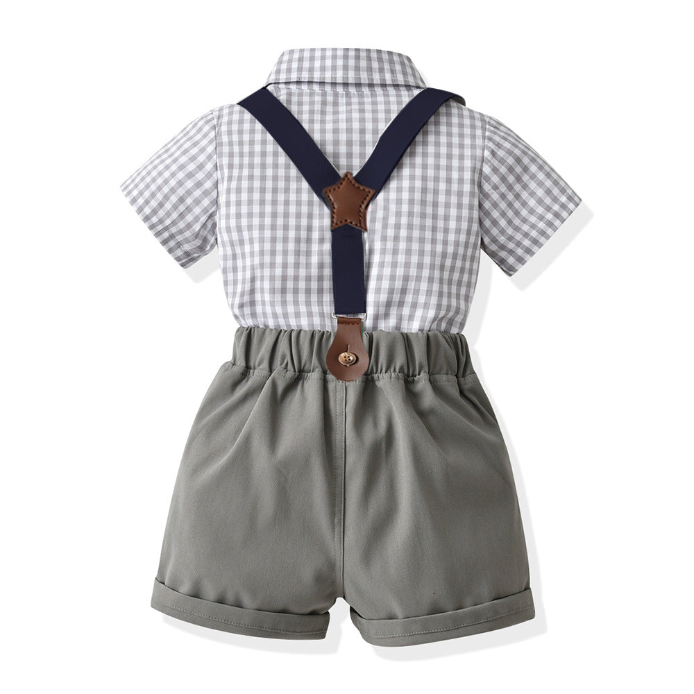 Kids' summer plaid shirt & overalls set - korean style boys' outfit - in stock & wholesale - gentleman's formal wear