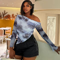 Fashionins cross-border foreign trade wholesale women's long-sleeved new t-shirt tie-dye printing off-shoulder slanted collar asymmetrical hem