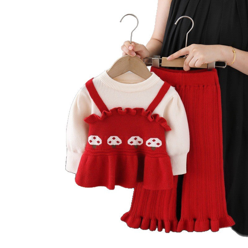 Girls' knit sweater set: autumn  new collection - round neck sweater with suspender skirt and pants two-piece outfit