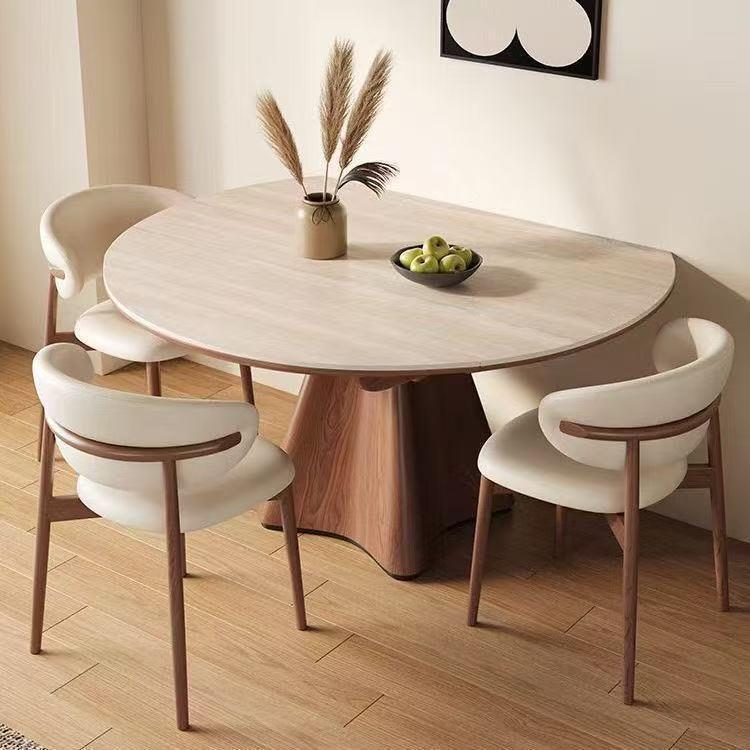 Vintage-style travertine rock slab extendable dining table and chairs - space-saving, foldable, round/square convertible retro round dining table for home use