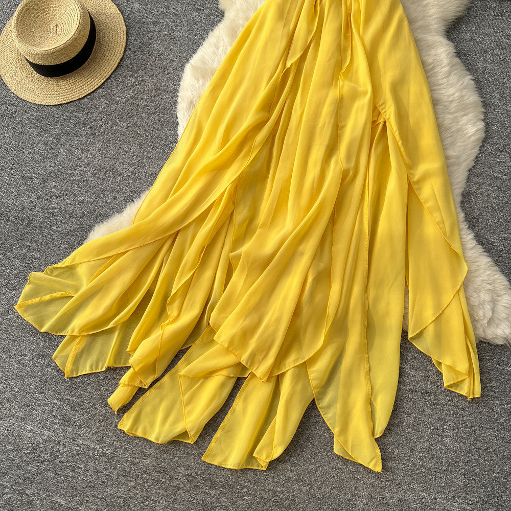 Vacation style halter star elegant style dress female yellow high waistslimming lookasymmetrical long skirt sexyelegant skirt