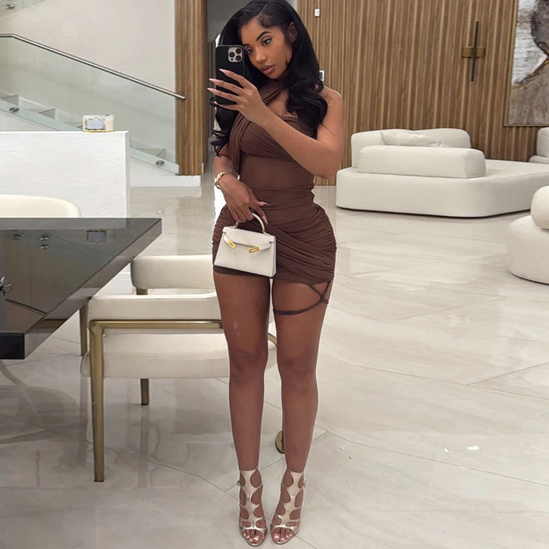 new european and american style summer solid color mesh patchwork unique streetwear high-waisted bodycon mini dress