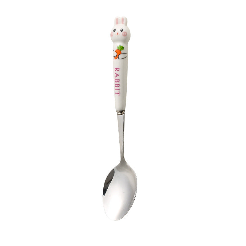 Cartoon stainless steel cutlery set: cute kids' forks with stylish ceramic handles, exquisite dessert spoons, and serving spoons