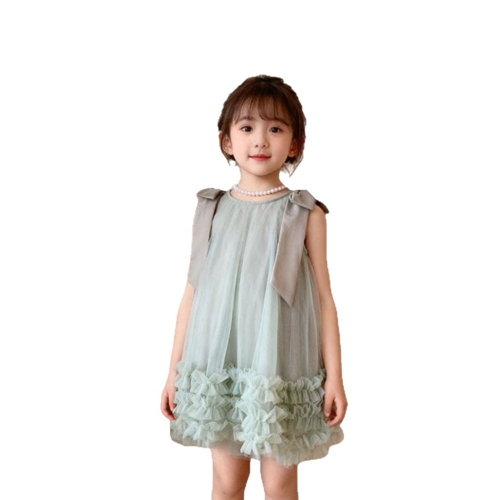 Girls' summer dress : stylish new children's bowknot mesh princess dress, baby sleeveless formal gown
