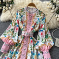 Palace style v neck lantern sleeve printingdress women's spring summerk-style waist slimming look floral a-line skirt work clothing