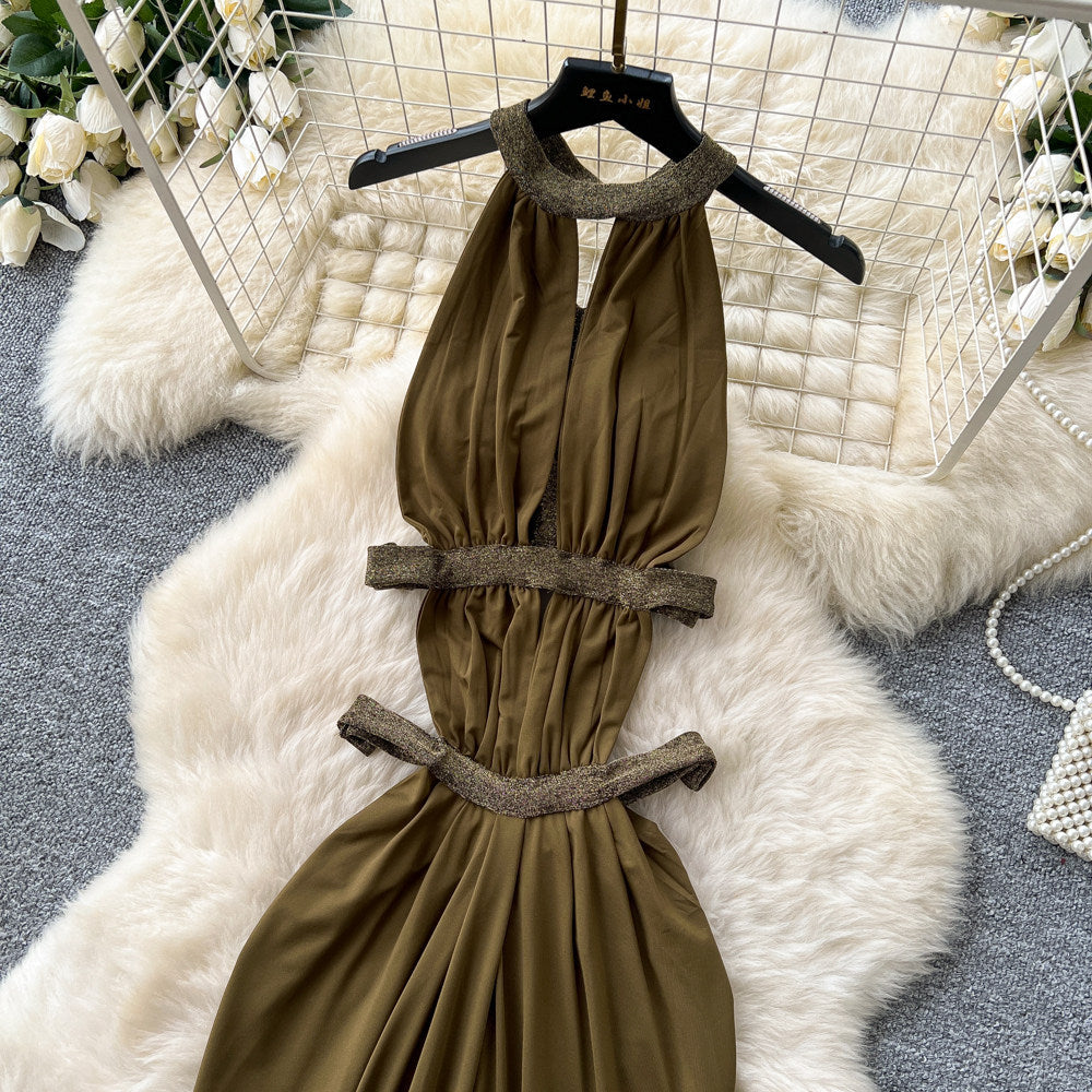 Accessible luxury halter sleeveless sexybacklesselegancedress women's summer hot girl waist slimming sexy vacation style long skirt