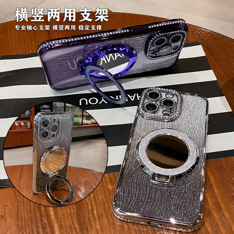Apple 17pro luxury rhinestone glitter suitable for iphone 16e mobile phone case 15 water ripple mirror bracket magnetic suction