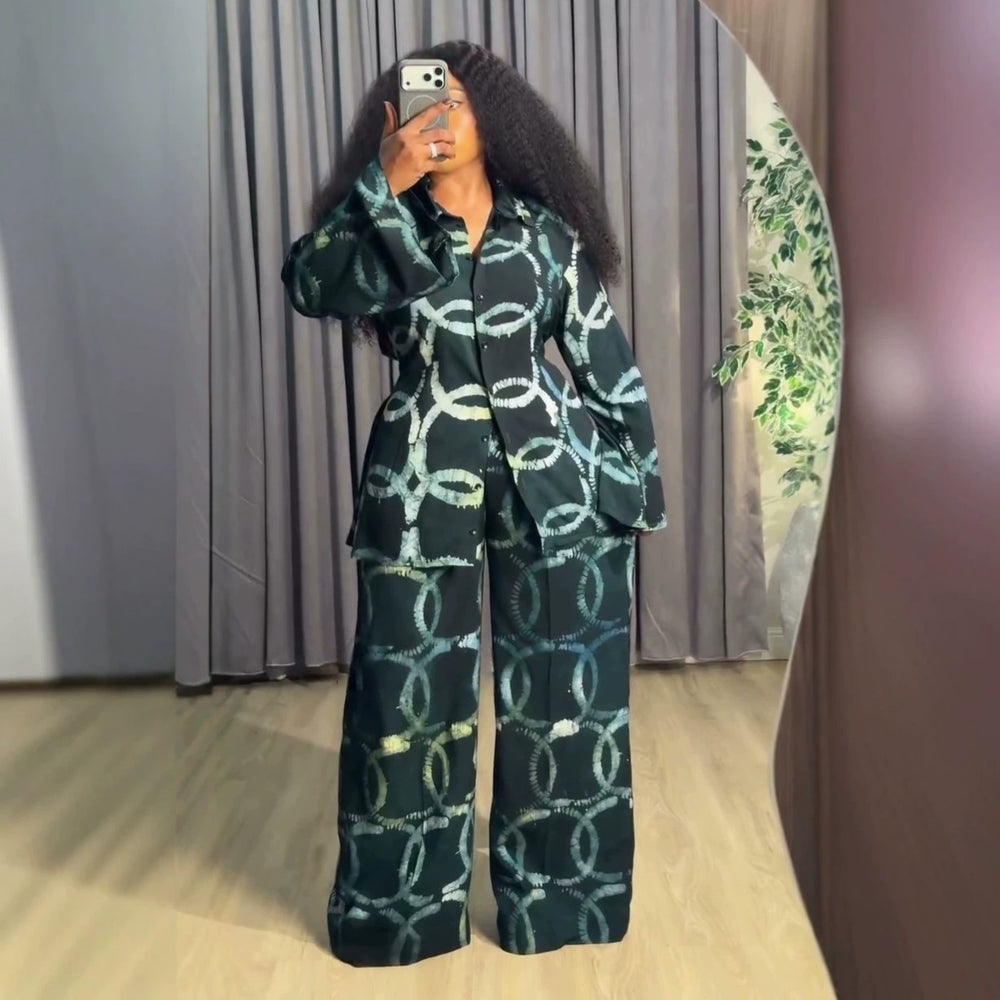 European and american cross-border women's fashion:  summer new collection - stylish printed long-sleeve shirred blouse and high-waisted wide-leg pants set