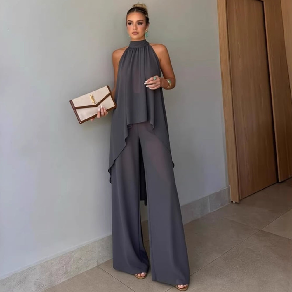Independent station fashion cross-border  summer fashioncasual asymmetrical sleeveless elegantpure color pants suit women's clothing