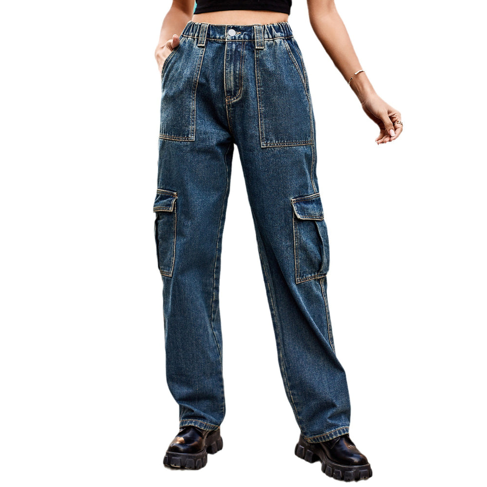 American retro european and american cross-border  new washed semi-elastic design stylish denim workwear casual pants for women