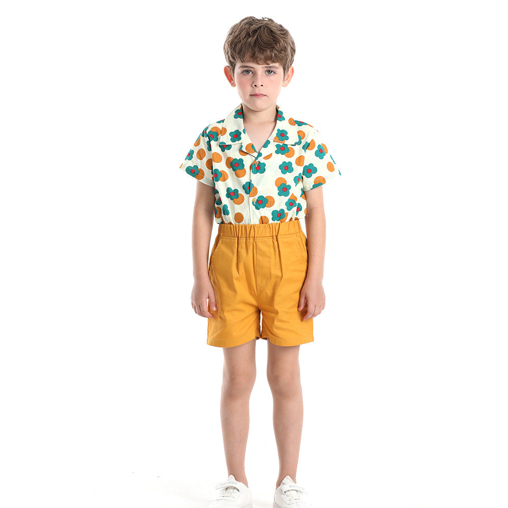 Korean style floral short-sleeve shirt set for kids - cotton casual outfit for boys and girls, matching family sets for siblings