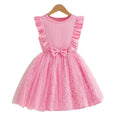 Girls' summer dress - pink ribbed knit with mesh overlay, a-line skirt with floral hem, for mid-to-large children