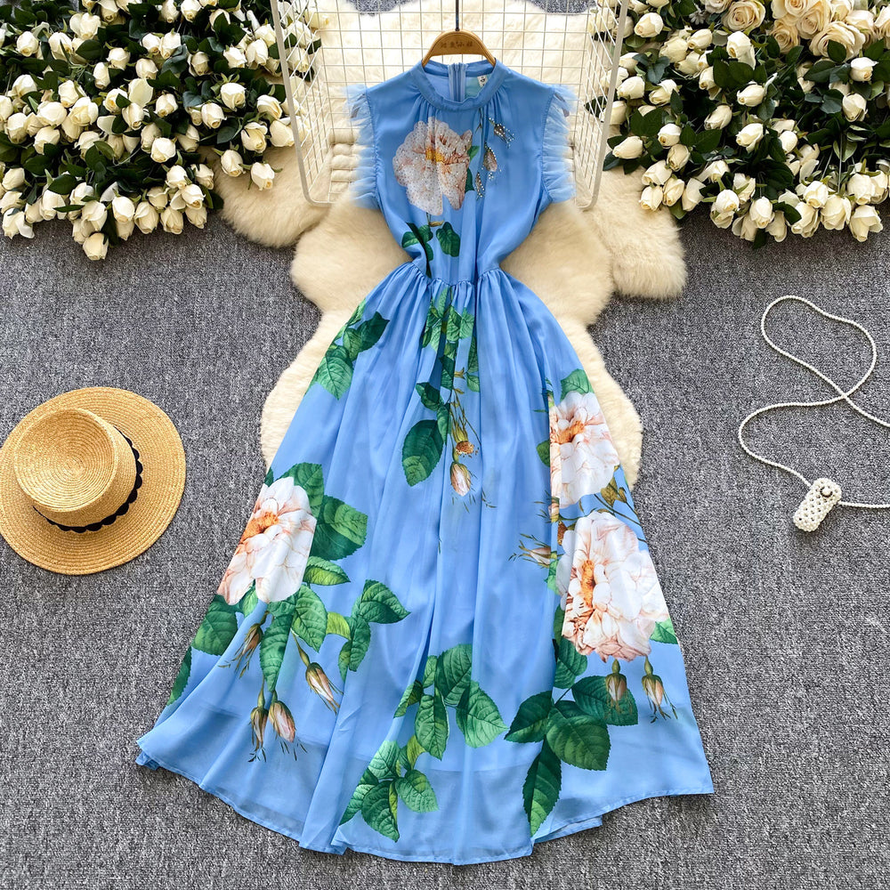 High-end women's dress:  summer collection - sophisticated, niche design, slimming, printed maxi dress with a cinched waist and flowing skirt