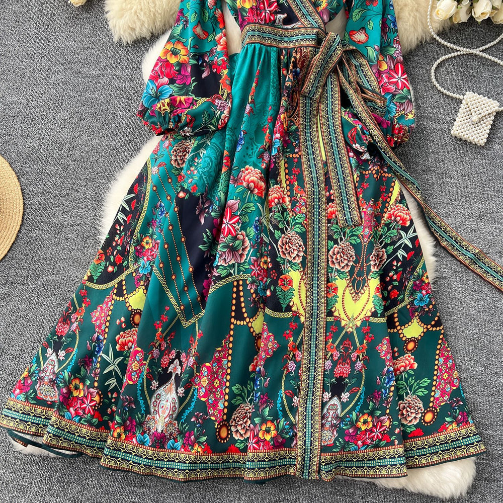 European and american retro chic fashionable printed design one-piece waist-tie wide hem long-sleeve french dress for women