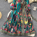 European and american retro chic fashionable printed design one-piece waist-tie wide hem long-sleeve french dress for women