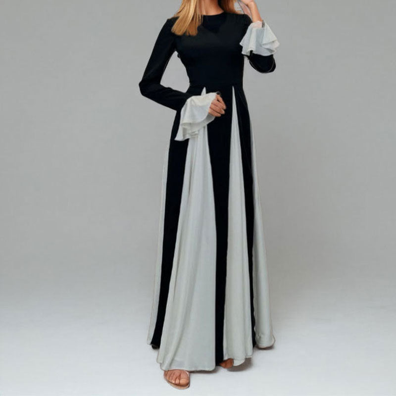 cross-border e-commerce european and american women's clothing: new summer collection - color block crew neck casual fitted waist slimming a-line maxi dress