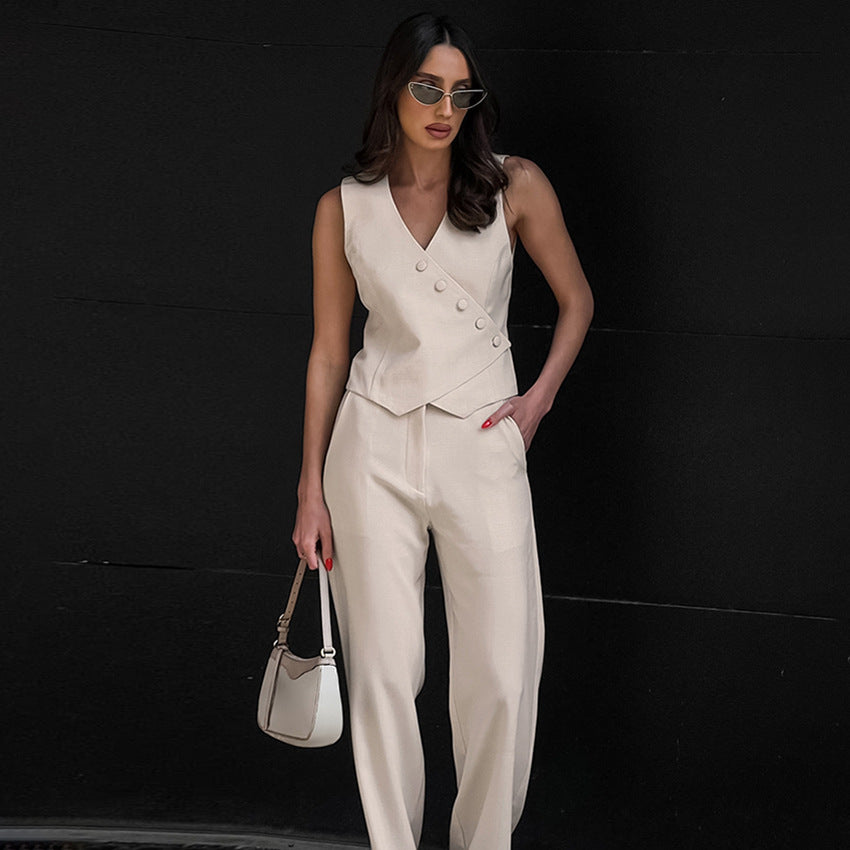 European and American cotton and linen khaki cardigan vest straight pants two-piece set women's 2025 autumn new  casual suit