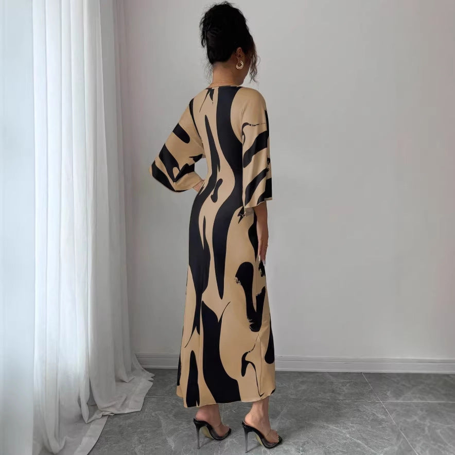 independent station spring and summer new arrivals: cross-border european and american women's clothing - all-over print fashion tie-up dress