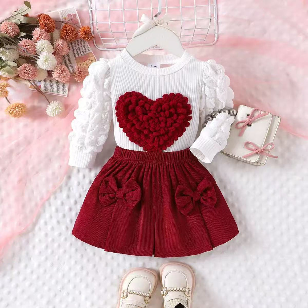 Children's clothing new arrival puff sleeve heart chapter tops+rose red bows skirt set
