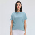 Spring/summer new collection: brushed, barely-there feel yoga short sleeve top. stylish and versatile for everyday wear, breathable, minimalist, and relaxed fit. yoga top ds079