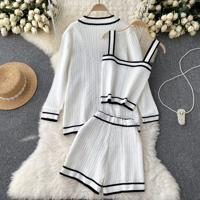 Xiaoxiangfeng autumn clothing 2022 new arrival women's suitlong sleevesknittingcardiganoutwear camisole wide legshorts