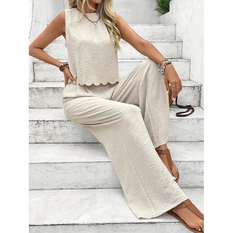 Shipped:  independent station fashion cross-border sexy casual pants see-through vacation style trousers hollow-out two-piece set