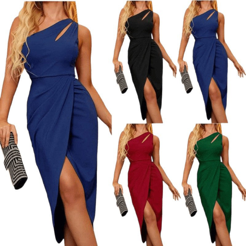 new european and american style sexy one-shoulder backless sleeveless bodycon slit dress