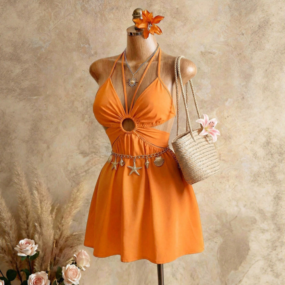 European and american style beach vacation dress - sexy backless halter sundress - solid color fashion