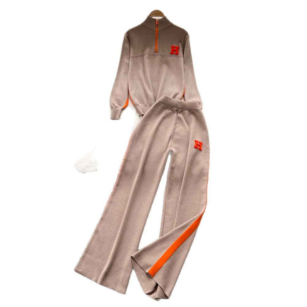 Women's casual activewear set - autumn design: color block letter embroidery stand collar half-zip knit top & wide leg pants