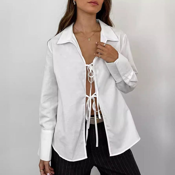 Russian women's lapel long-sleeved lace-up white cardigan 2024 sexy slightly transparent spring and autumn versatile cardigan shirt