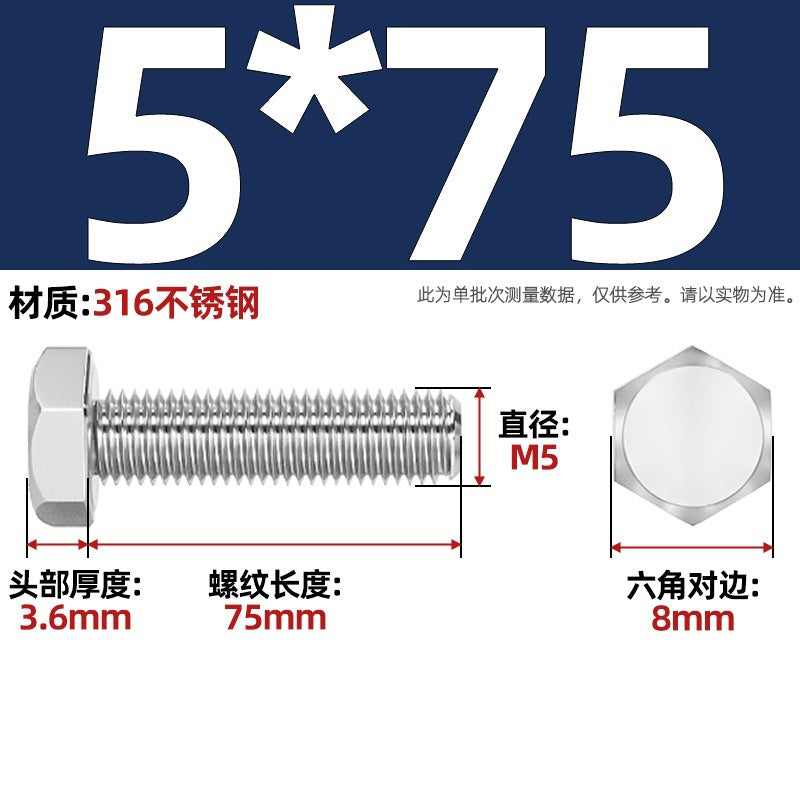 316 stainless steel outer hexagon screw GB30 extended full thread screw bolt Daquan 6 corner head M3M4M18M20