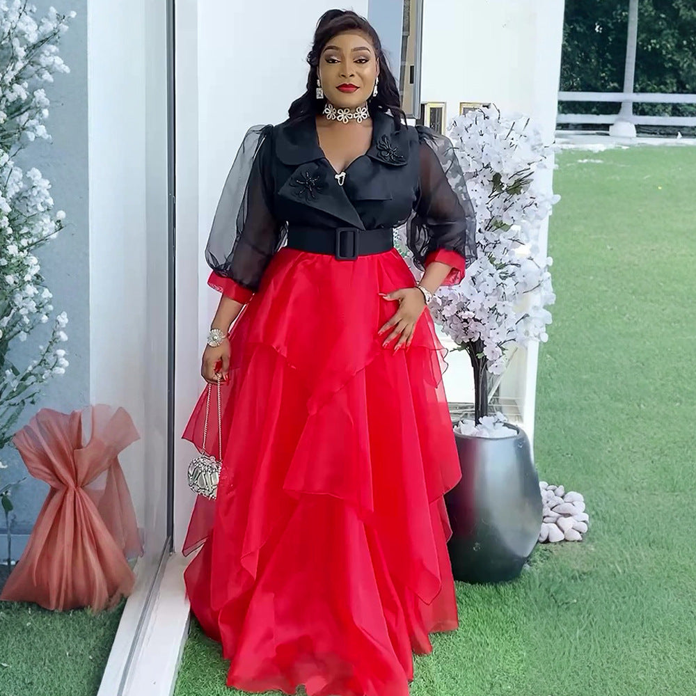 african  plus size women's elegant maxi dress  european and american french sweet & spicy color block dress