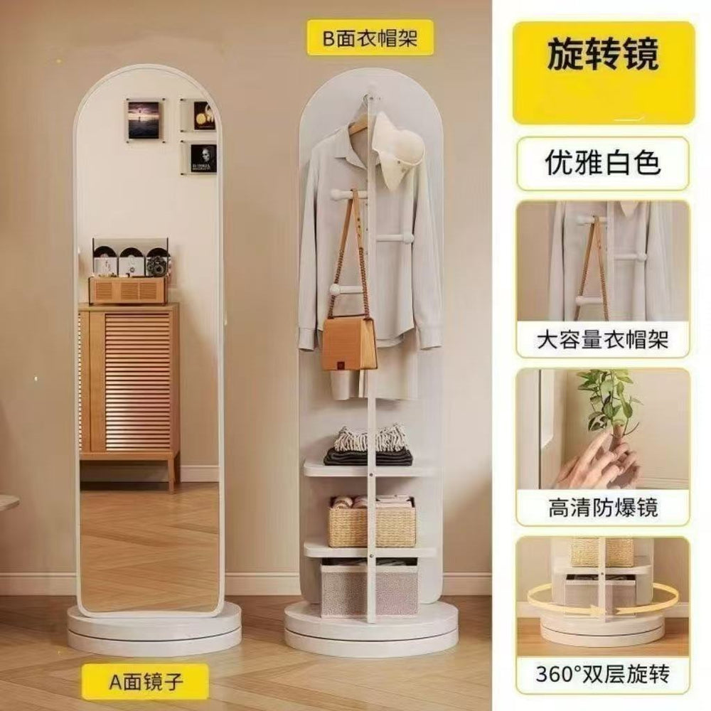 Rotating full-length mirror floor mirror for home bedroom movable try-on large mirror with coat rack all-in-one full-length mirror