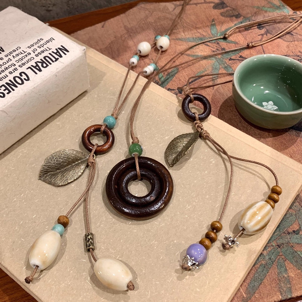 Beach vacation new chinoiserie zen ceramic pendant necklace women's bohemia ethnic style long accessories lanyard
