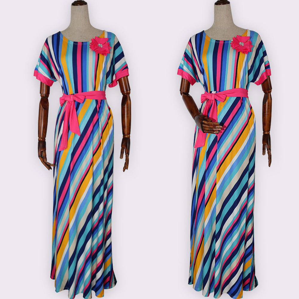 supply   colorful striped belt * floral chest african plus size women's dress