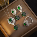 [set] internet celebrity popular emerald geometric titanium steel earrings necklace for women, light luxury high-end ring clavicle chain