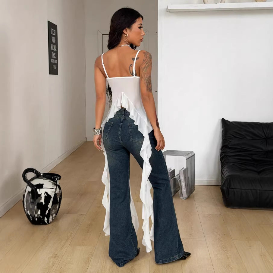 fashion  summer new women's fashion trendy sexy backless adjustable strap chiffon blouse solid color