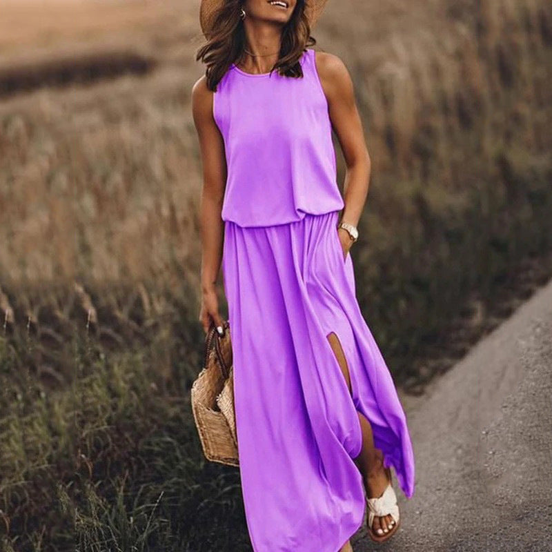 summer new arrivals: cross-border  fashion - european & american style women's sleeveless crew neck dress with slit, available in multiple solid colors
