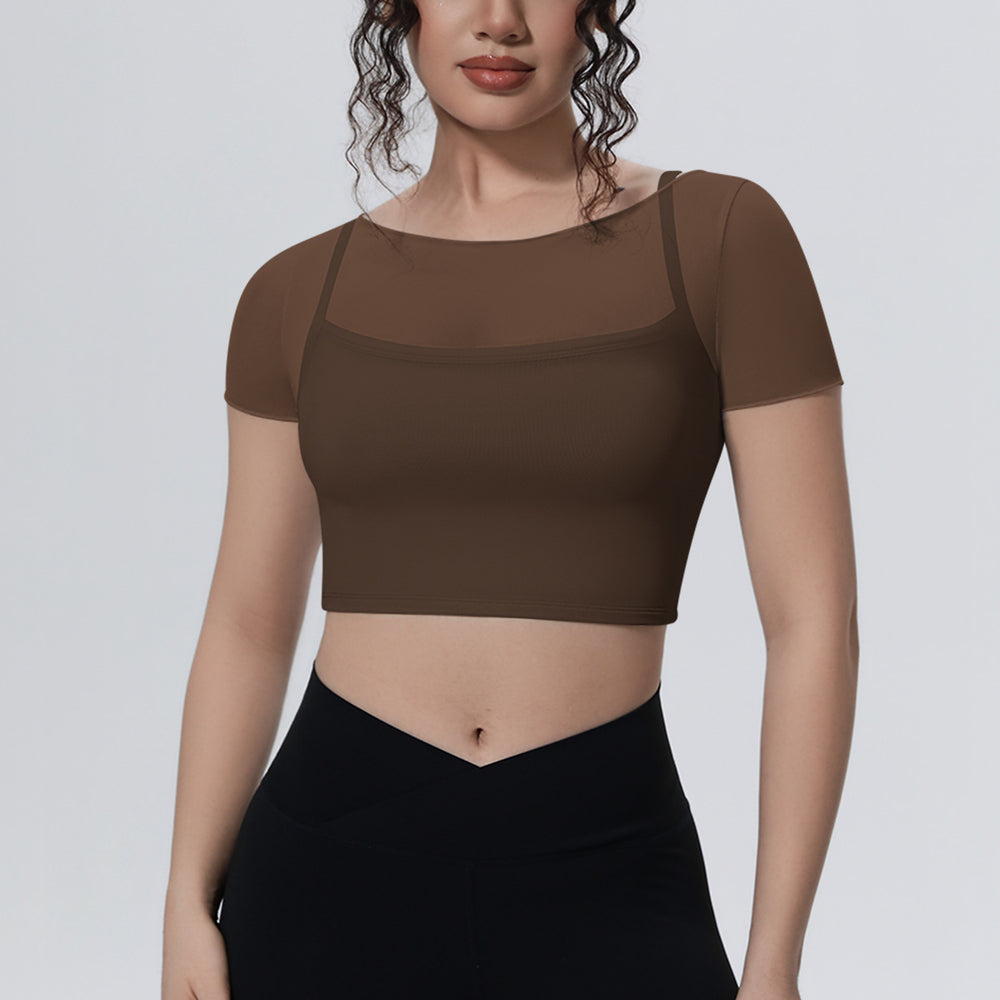 New arrival: solid color mesh double-layer breathable faux two-piece short sleeve top - perfect for casual wear, sports, running, fitness, and yoga