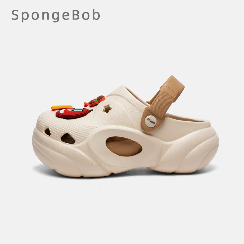 Spongebob squarepants thick sole stomp on shit feeling crocs women's summernew arrivaloutwearnon-slip deodorizing filtertoe heightening beach shoes