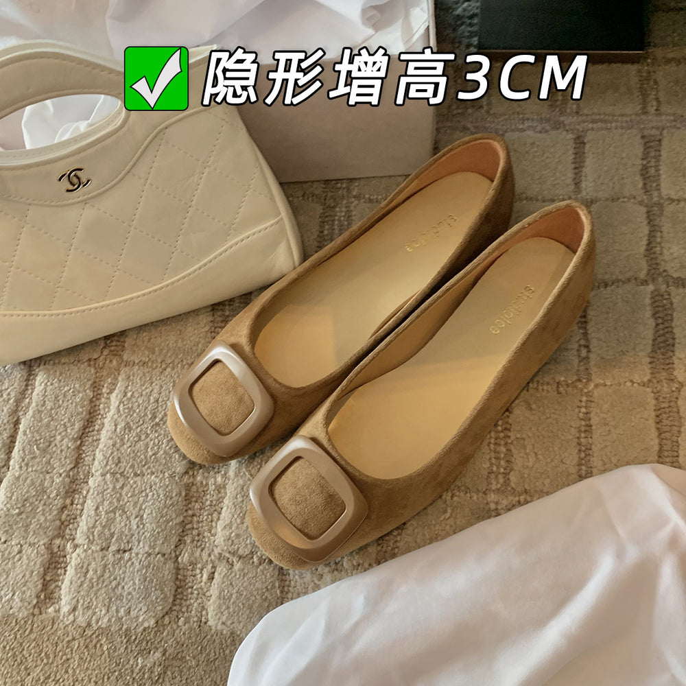 Black french square buckle flatsflatsflats round toe slip-on hidden heel suede work clothing women's shoes low heel casual