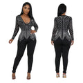 C6875 cross-border   fashion women's solid color v-neck rhinestone long sleeve pants jumpsuit