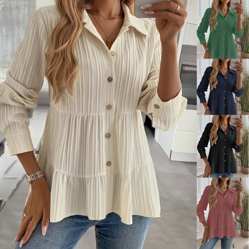 Shipped: new solid color casual textured long-sleeve button-down shirt for us & european cross-border e-commerce ()