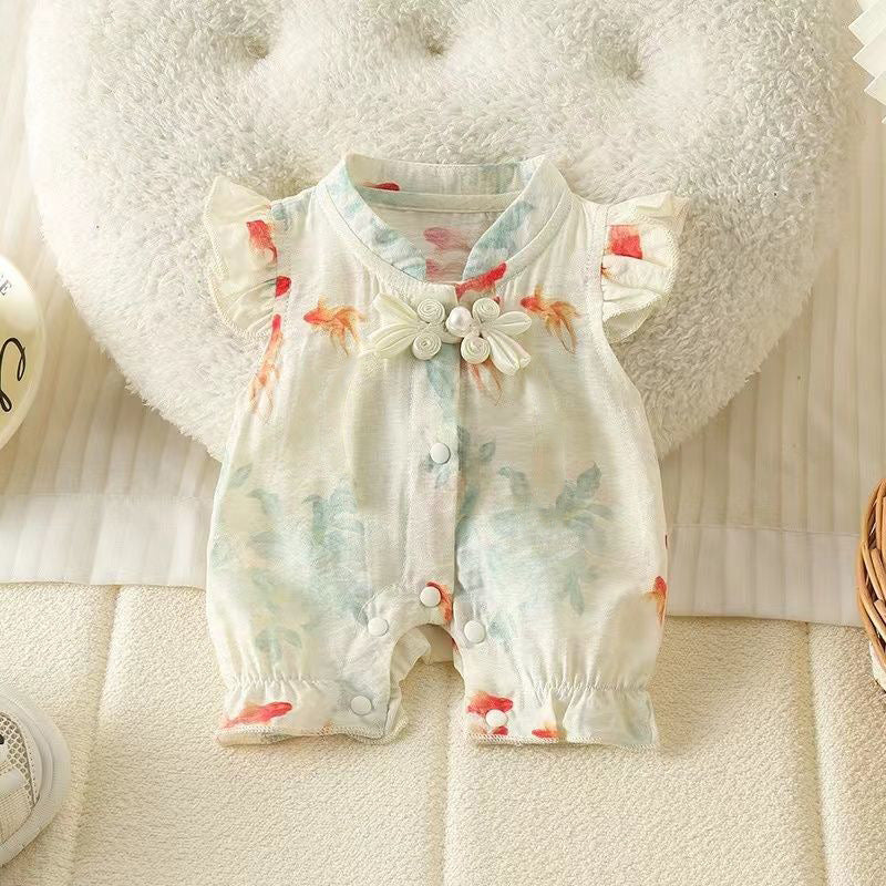 Baby clothes summer fashion chinese style khaki thin one-piece clothes newborn baby one-piece short-sleeved