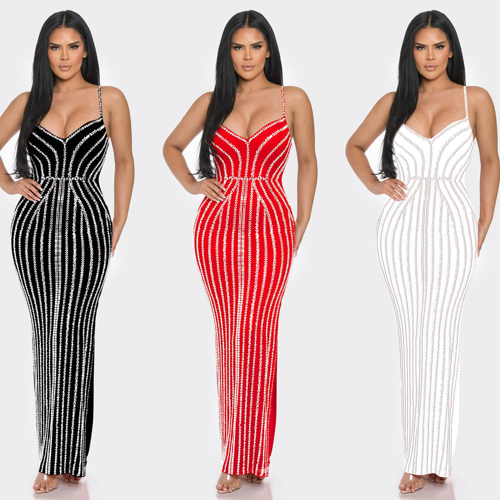 C6761 cross-border   fashion women's solid color bandeau hotfix rhinestone cami maxi dress
