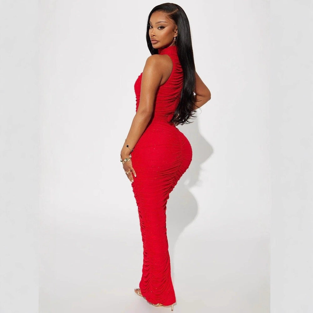 Solid color hotfix rhinestone high neck ruched patchwork sexy sleeveless maxi dress set - direct from  &  manufacturers